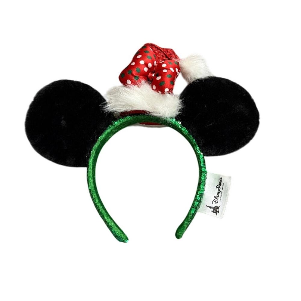Disney Mickey Minnie Ears Sequin Santa Hat Christmas Headband w/ Bow Holiday